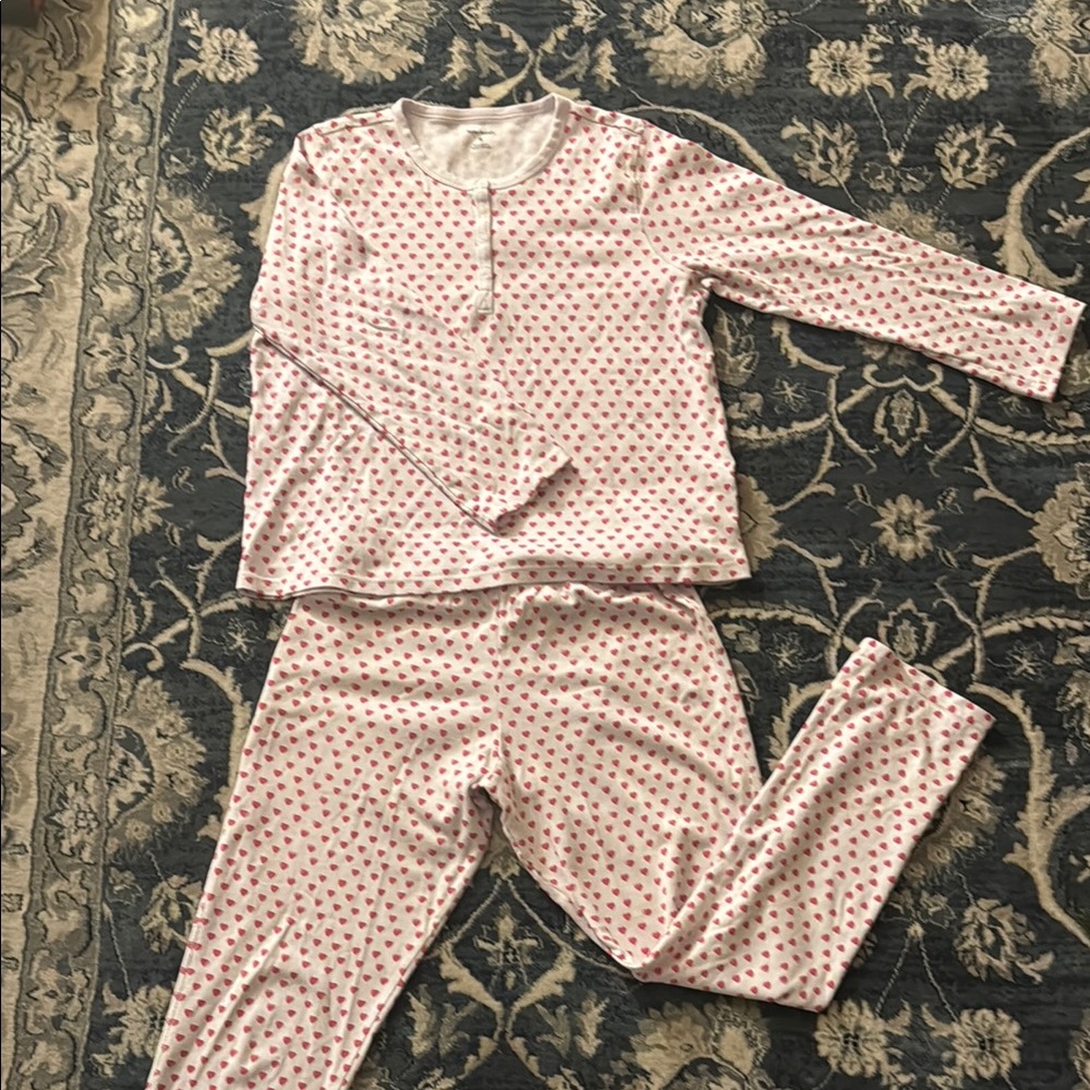 Roller Rabbit pajamas. Matching long sleeve set white with pink hearts.